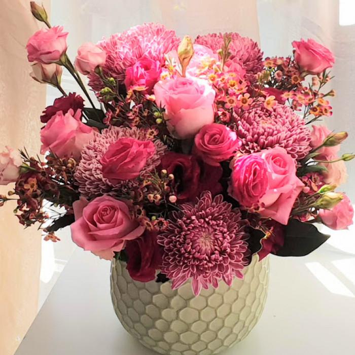 Red Chrysanthemums, Lisianthus And Roses In A Ceramic Pot