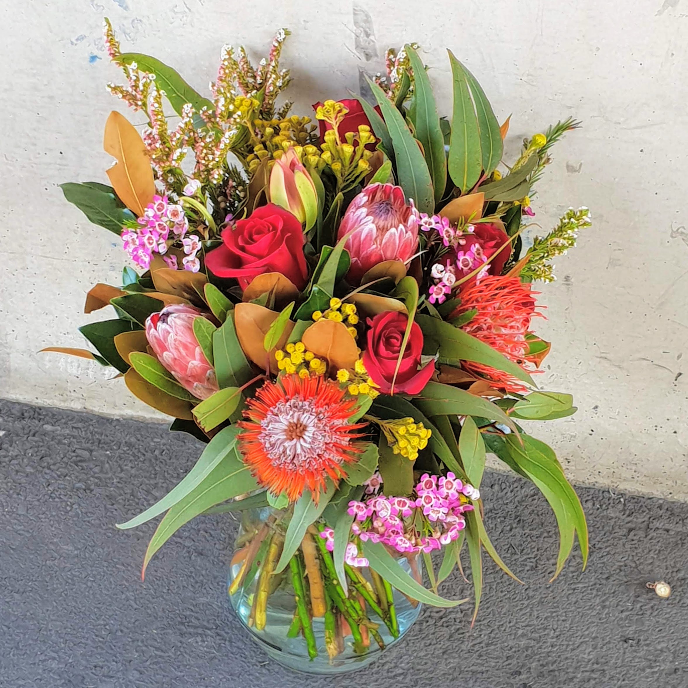 Banksias, Roses & Paper Daisy Bouquet Flowers With Passion Sydney