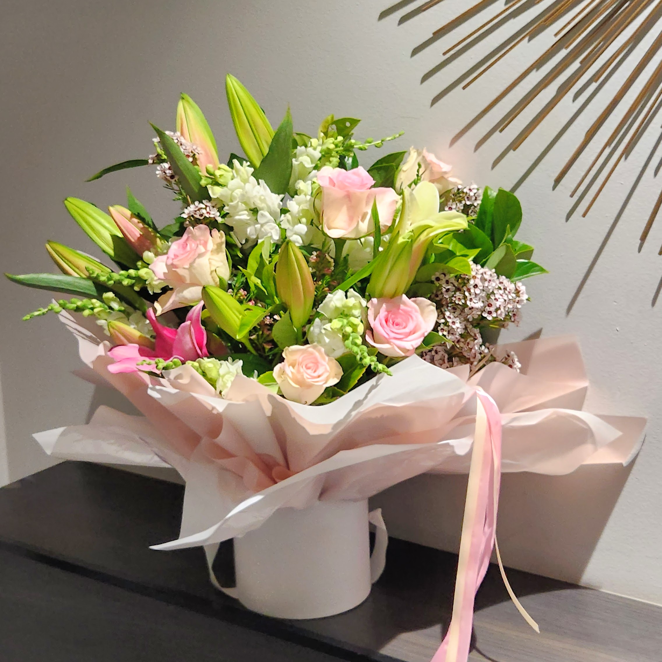 Starlight Pink Roses & Lilies Bouquet Flowers With Passion