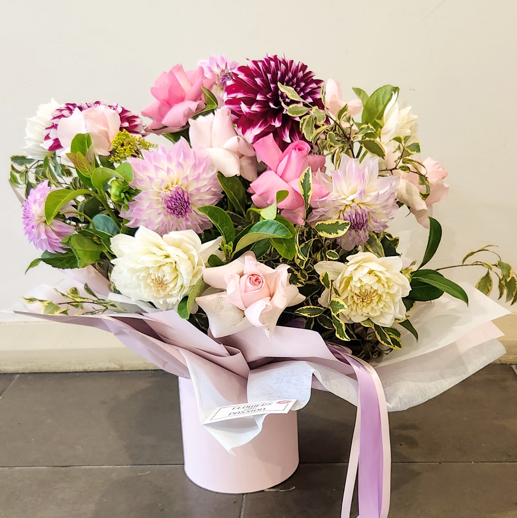 Pink N Purple Dahlias, In Box Flowers With Passion Sydney